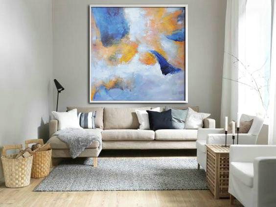 Original Extra Large Wall Art,Oversized Square Abstract Art,Contemporary Art Wall Decor,White,Blue,Yellow.etc